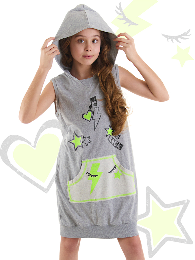 We Rock Gri Melanj Kapüşonlu Cepli Kolsuz Kız Çocuk Elbise - 1