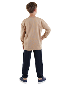Erkek Çocuk Kışlık Köpek Desenli Pamuklu Bej Uzun Kollu 2 Parça T-Shirt Pantolon Takımı 4-8 Yaş - 2