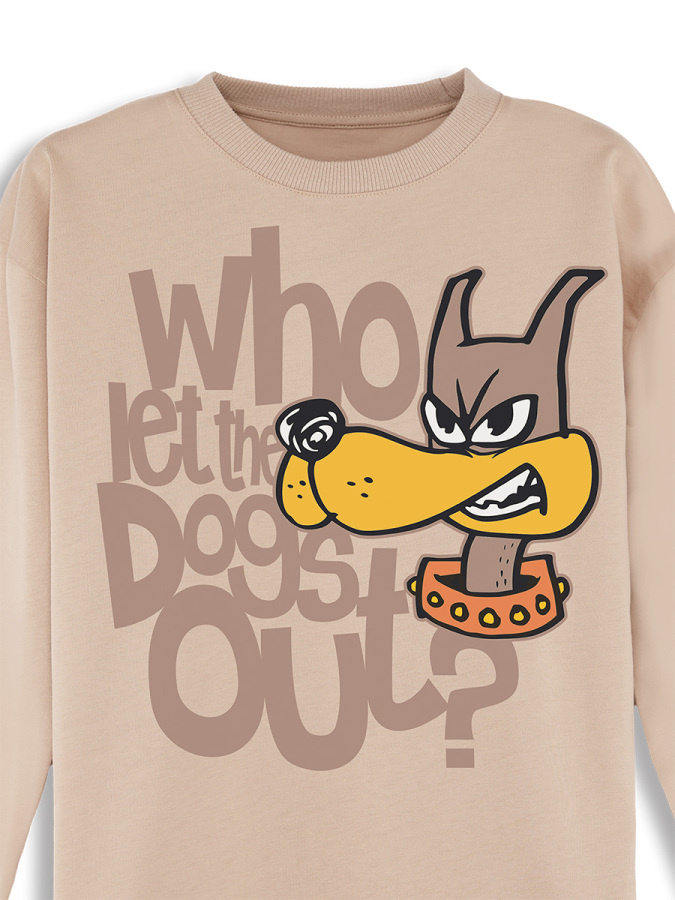 Erkek Çocuk Kışlık Köpek Desenli Pamuklu Bej Uzun Kollu 2 Parça T-Shirt Pantolon Takımı 4-8 Yaş - 5