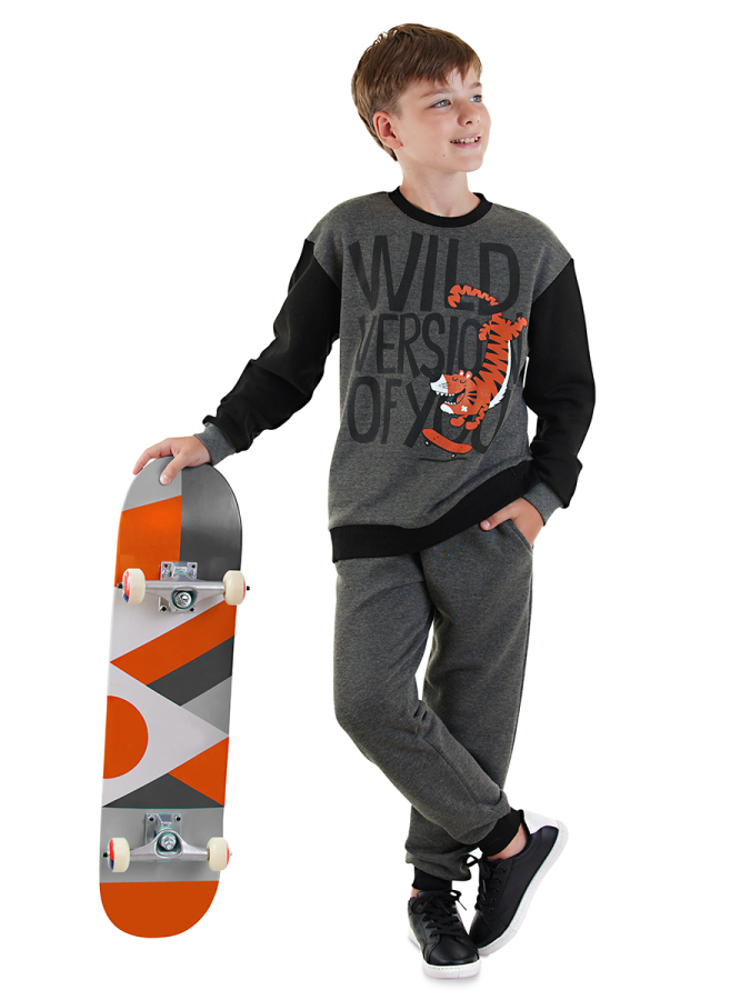 Wild Oversize Erkek Çocuk Gri Eşofman Takım - 1