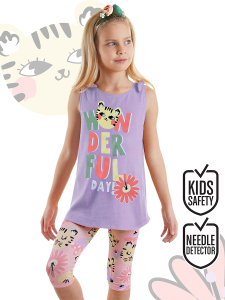 Kedili Çiçekli Kolsuz Kız Çocuk Yazlık Tunik T-shirt Tayt Takım - Denokids
