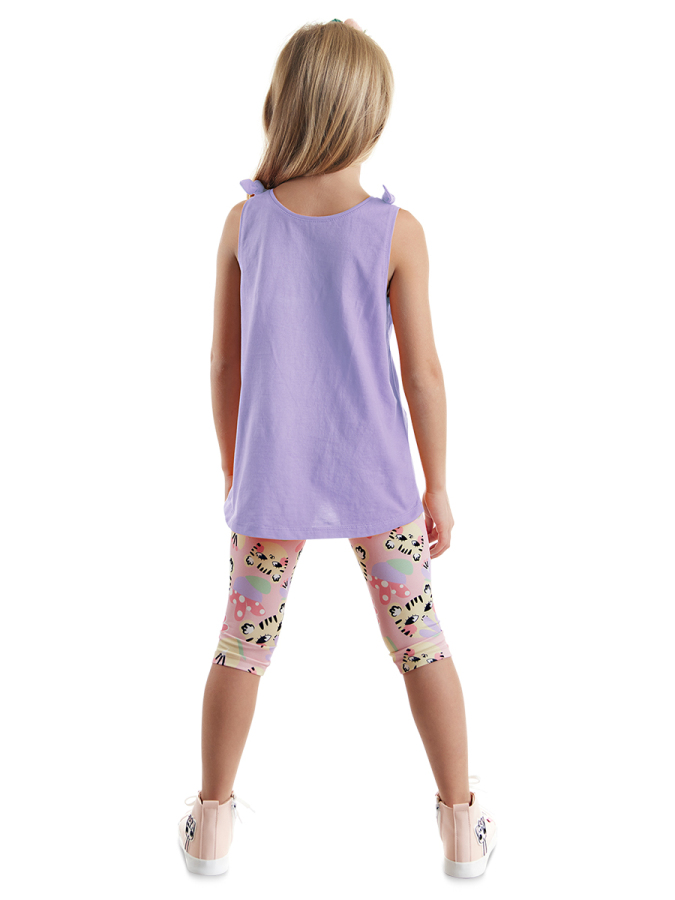 Kedili Çiçekli Kolsuz Kız Çocuk Yazlık Tunik T-shirt Tayt Takım - 3