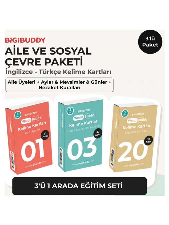 WordsBuddy Çocuklar İçin Türkçe İngilizce Aile ve Sosyal Çevre Paketi 90 Kart 3'lü Set (Cihaz Hariç) - 1