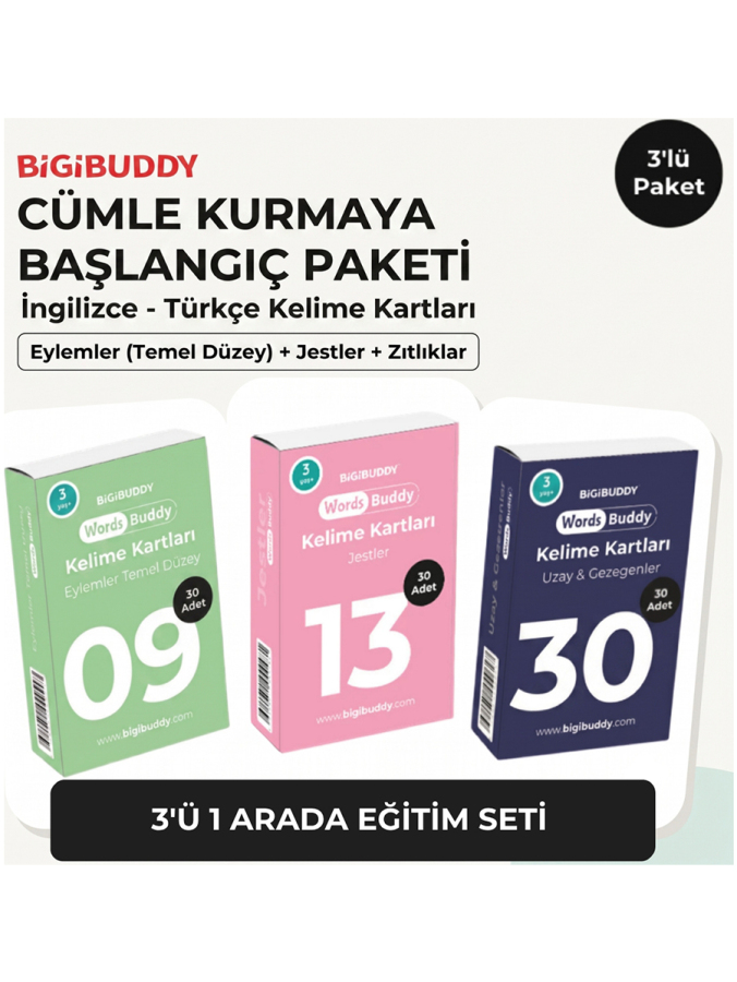 WordsBuddy Türkçe İngilizce Kelime Kartları Cümle Kurmaya Başlangıç 90 Kart 3’lü Set (BigiOne Cihaz Hariç) - 1