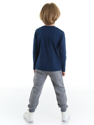 Wow Boy Navy Blue T-shirt&Pants Set - Thumbnail