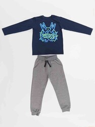 Wow Boy Navy Blue T-shirt&Pants Set - Thumbnail