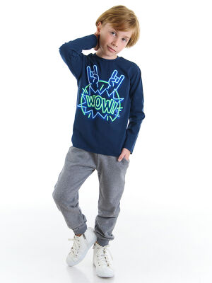 Wow Boy Navy Blue T-shirt&Pants Set - 1
