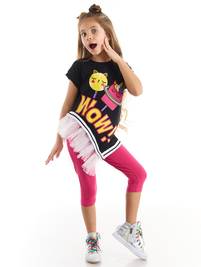 Wow Tüllü Kız Çocuk T-Shirt Pembe Tayt Takım - 2