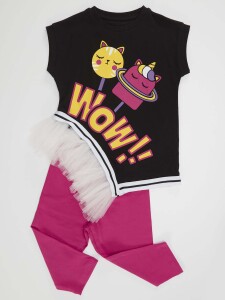 Wow Tüllü Kız Çocuk T-Shirt Pembe Tayt Takım - 4