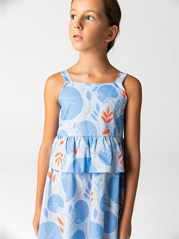 Yaprak Desenli Pamuklu Askılı Kız Çocuk Elbise - 3