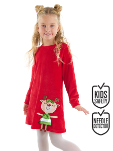 Yaramaz Geyik Kız Yılbaşı Kadife Kırmızı Elbise - Denokids