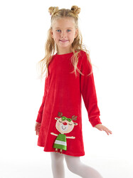 Yaramaz Geyik Kız Yılbaşı Kadife Kırmızı Elbise - Thumbnail