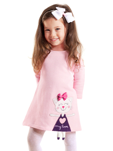 Pembe Yaramaz Kedi Kız Çocuk Kışlık Uzun Kollu Elbise - Denokids