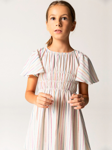 Yarım Kollu Çizgili Pamuklu Kız Çocuk Elbise - 3