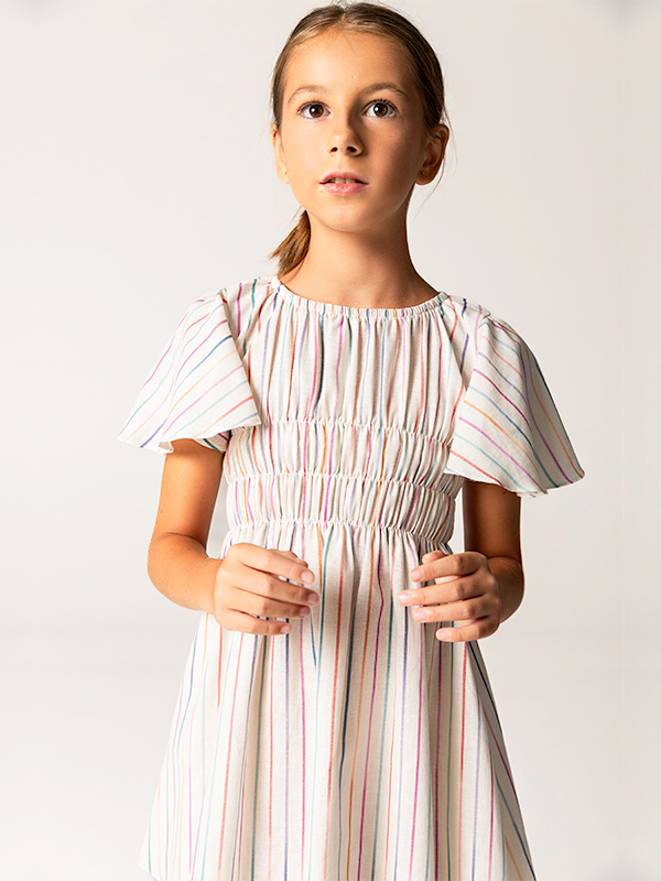 Yarım Kollu Çizgili Pamuklu Kız Çocuk Elbise - 3