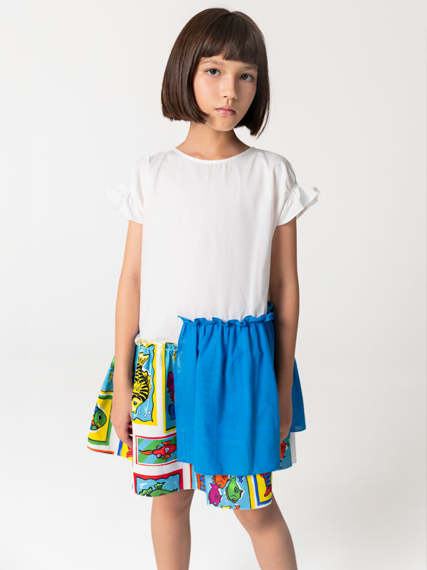 Yarım Kollu Pamuklu Balık Desenli Kız Çocuk Elbise - 1