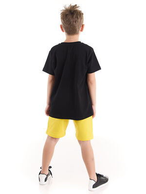 Yarışan Arabalar Erkek Çocuk Siyah T-shirt Sarı Şort Takım