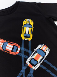Yarışan Arabalar Erkek Çocuk Siyah T-shirt Sarı Şort Takım - Thumbnail