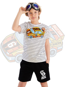 Yarışçı Araba Çizgili Erkek Çocuk Yazlık T-shirt Şort Takım - 1