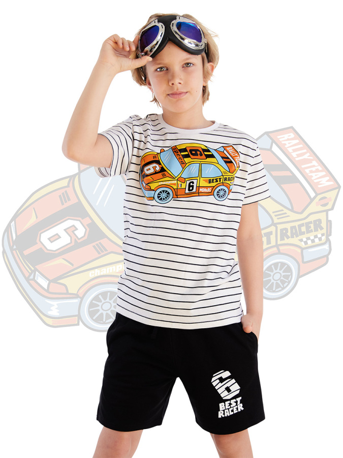 Yarışçı Araba Çizgili Erkek Çocuk Yazlık T-shirt Şort Takım - 1