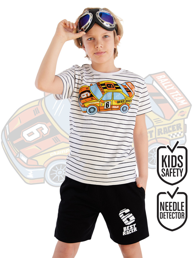 Yarışçı Araba Çizgili Erkek Çocuk Yazlık T-shirt Şort Takım - 1