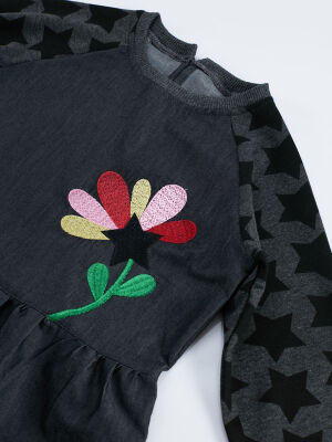 Yıldız Desenli Denim Kız Elbise - 5