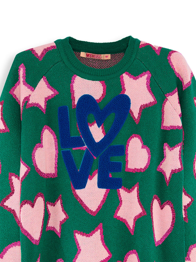 Kız Çocuk Kışlık Kalp ve Yıldız Desenli Triko Yeşil Uzun Kollu Kazak 5-10 Yaş - 5