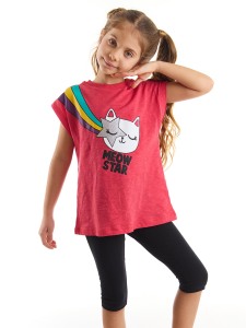 Yıldızlı Kedi Kız Çocuk T-shirt Siyah Tayt Takım - MSHB&G