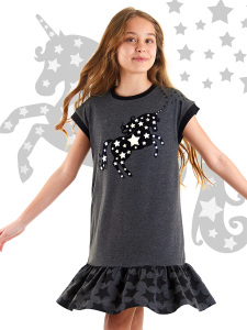 Yıldızlı Unicorn Fırfırlı Kız Çocuk Yazlık Gri Elbise - MSHB&G