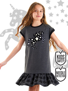 Yıldızlı Unicorn Fırfırlı Kız Çocuk Yazlık Gri Elbise - MSHB&G