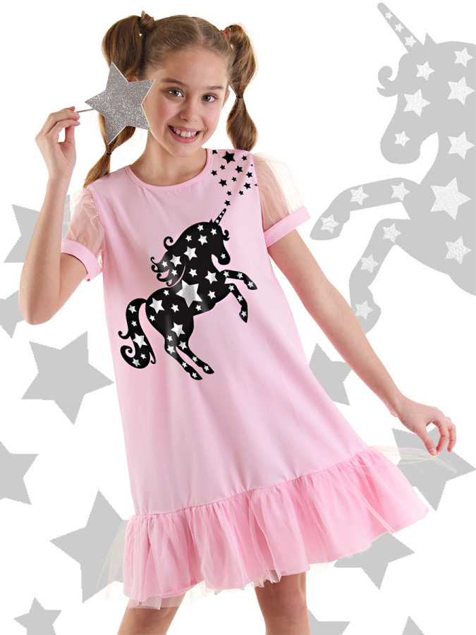 Yıldızlı Unicorn Kız Çocuk Pembe Tüllü Fırfırlı Yazlık Elbise - 1