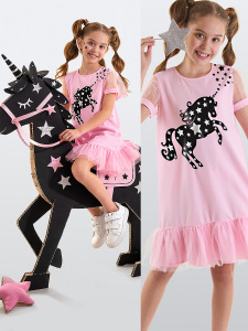Yıldızlı Unicorn Kız Çocuk Pembe Tüllü Fırfırlı Yazlık Elbise - MSHB&G