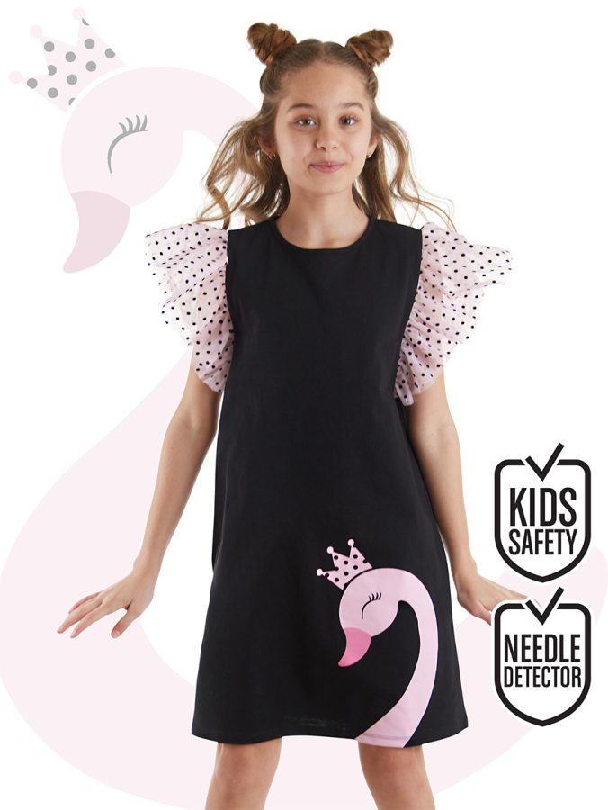 Kuğu Kız Çocuk Tüllü Fırfırlı Puantiyeli Kız Siyah Elbise - 1