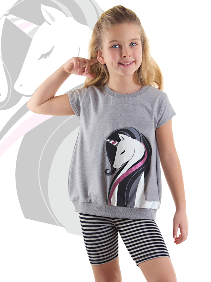 Çizgili Unicorn Kız Çocuk Gri Siyah Yazlık T-shirt Tayt Takım - 1