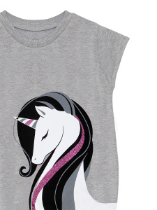 Çizgili Unicorn Kız Çocuk Gri Siyah Yazlık T-shirt Tayt Takım - 9