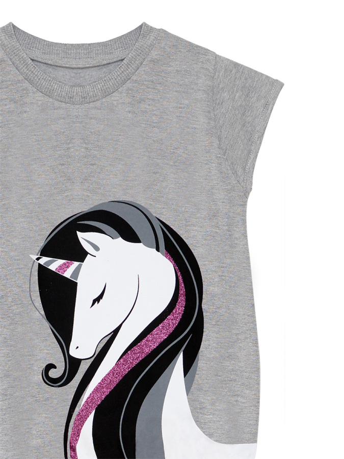 Çizgili Unicorn Kız Çocuk Gri Siyah Yazlık T-shirt Tayt Takım - 9
