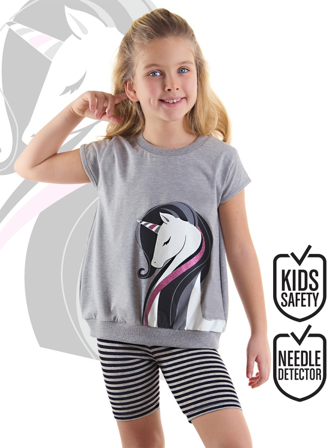 Çizgili Unicorn Kız Çocuk Gri Siyah Yazlık T-shirt Tayt Takım - 1