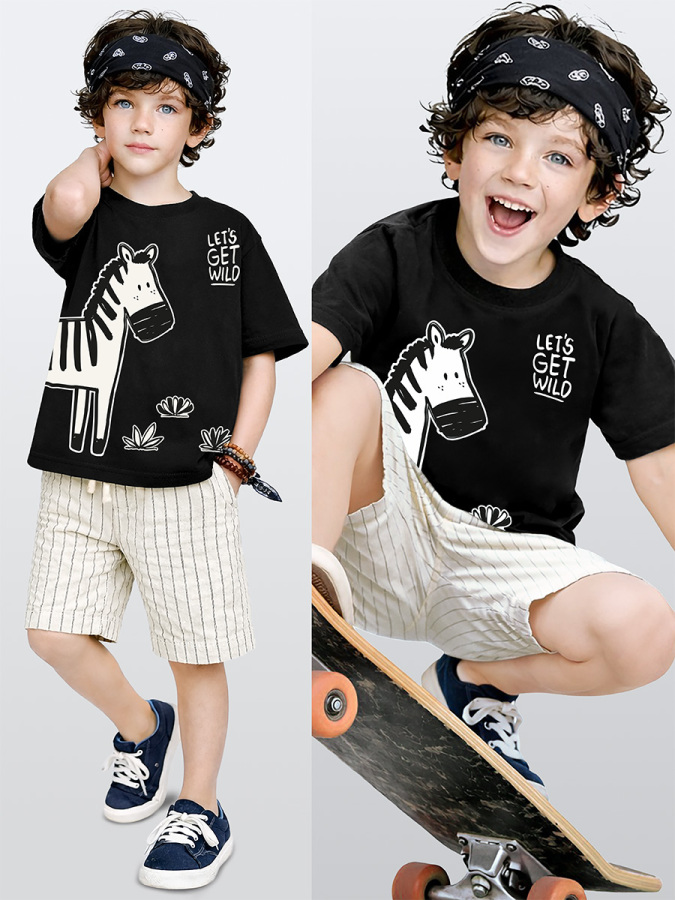 Erkek Çocuk Takım Zebra Baskılı Pamuk T-Shirt Ve Çizgili Dokuma Şort Yazlık Takım - 1