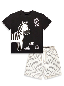 Erkek Çocuk Takım Zebra Baskılı Pamuk T-Shirt Ve Çizgili Dokuma Şort Yazlık Takım - 4
