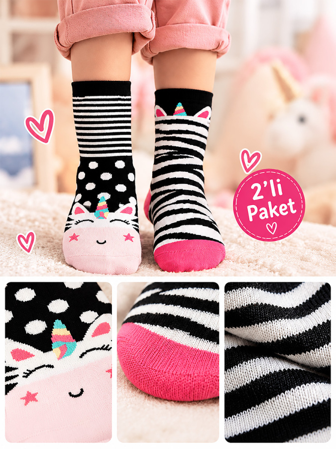 Kız Çocuk Zebra Desenli Pamuklu Siyah 2'li Paket Çorap 2-9 Yaş - 1