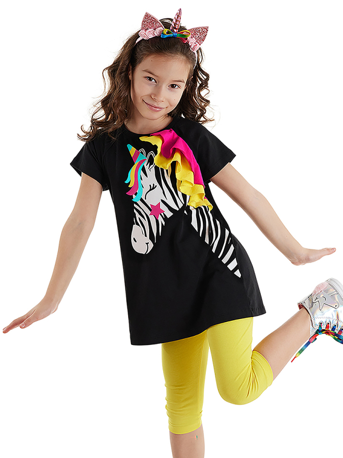 Zebracorn Siyah Sarı Fırfılı Kız Çocuk Yazlık T-Shirt Tunik Tayt Takım - 1