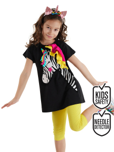 Zebracorn Siyah Sarı Fırfılı Kız Çocuk Yazlık T-Shirt Tunik Tayt Takım - Denokids